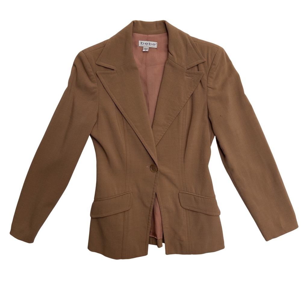 Bebe Blazer Womens 4 Tan‎ One Button Long Sleeve Pockets